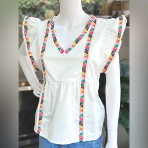THML Colorful Embroidered Fringe Trim Short Sleeve Boho Top Size M